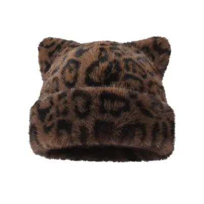 Kadın kedi kulaklı leopar desenli peluş bere, rüzgar geçirmez, kış