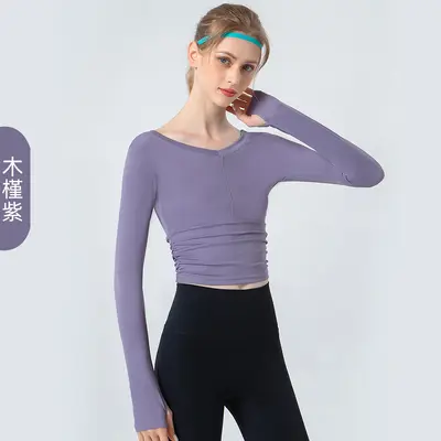 Kadın Uzun Kollu Yoga Üstü, V Yaka, Hızlı Kuruyan, Nefes Alabilir - 12