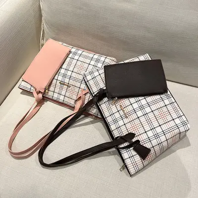 Plaid Print Tote Bag Set, 2 Pieces, Single Shoulder Strap - 4