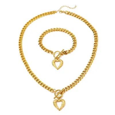Edelstahl-Hip-Hop-Kubakette und Armband-Set für Damen mit Herz-Anhänger