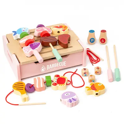 Children's Wooden Barbecue Grill Play Set, Realistic Kitchen Pretend Toy - 7