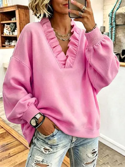 Kadın fırfırlı V yaka uzun kollu sweatshirt, sonbahar ve kış, bol kesim - 2