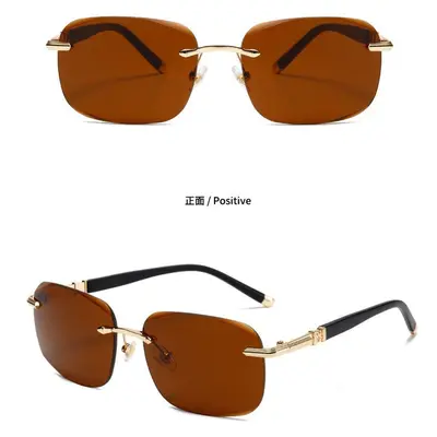 Gold-Framed Clear Tea Lens Sunglasses, UV Protection, Frameless Fashion Style - 4