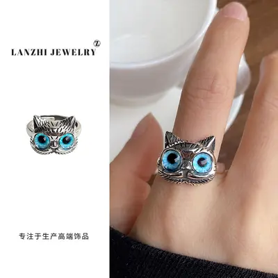 Lanzhi Tay sterling silver jewelry non-fading, personalized niche cat animal accessible luxury open sign finger ring 925 sterling silver ring - 7