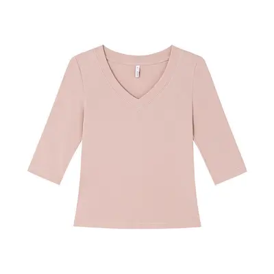 Women's Slim-Fit V-Neck Solid Color T-Shirt, Mid-Sleeve - 7
