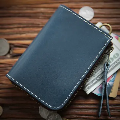 Handmade Retro Men's Wallet, Genuine Full-Grain Cowhide Leather, Short Zipper, Vertical - 10