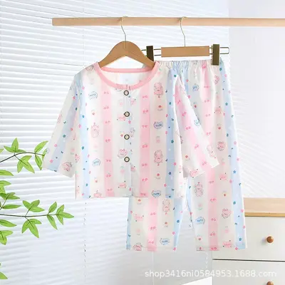 Kids' Cardigan Pajama Set with Three-Quarter Sleeves, Thin Style - 8