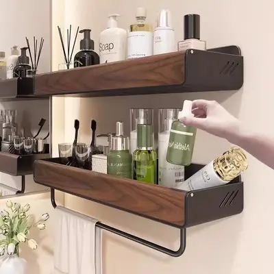 New Chinese-Style Walnut Wood Bathroom Shelf No-Drill Bathroom Toilet Washstand Storage Rack Towel Rack Organizer