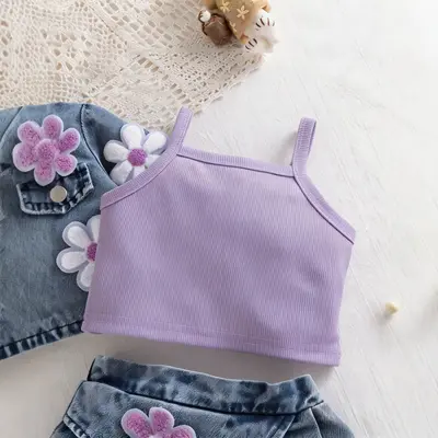 Girls' Three-Piece Set, Washed Denim Jacket, Strap Top and Pleated Denim Skirt - 3
