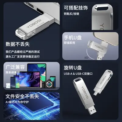 USB-флеш-накопитель 32 ГБ, адаптированный для использования в автомобиле, из цинкового сплава, высокоскоростной большой емкости 64 ГБ, двойного назначения, поворотный USB-накопитель для мобильных телефонов и компьютеров.