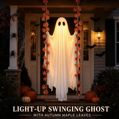Outdoor Halloween Hanging Ghost Swing Decoration with String Lights - 8