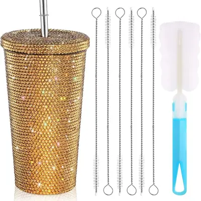 Doppelwandiger Edelstahlbecher mit Trinkhalm, Diamantbeschichtung, Geschenk - 4
