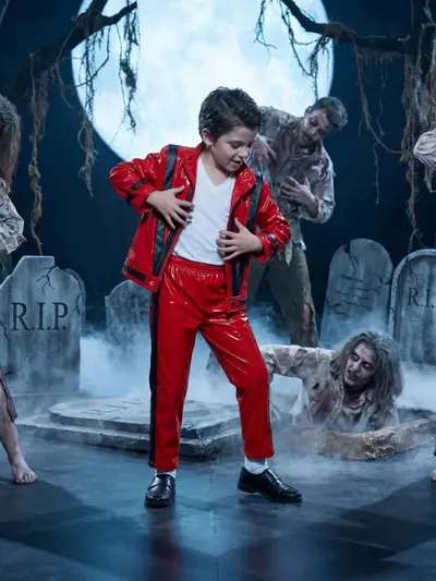 Çocuk Michael Jackson performans kostümü, kırmızı-siyah deri görünümlü takım