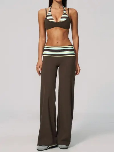 Women's Fitness Set: Contrast Color Open-Back Bra and Wide-Leg Yoga Pants