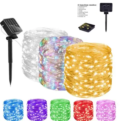 8-Function Solar Copper Wire LED String Lights for Outdoor Use