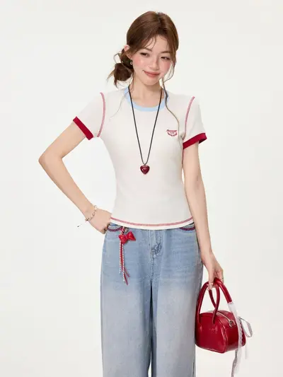 Apricot Embroidered Short Sleeve Women's T-Shirt Slim Fit Summer 2026