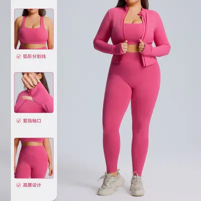 Plus Size Long-Sleeve Yoga Set for Women, Three-Piece, Quick-Dry - 3