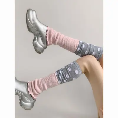 Retro Polka Dot Printed Calf Socks Gray Mid-Calf