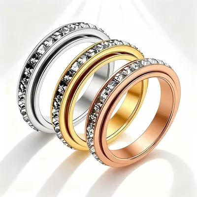 4MM Single-Row Square Diamond Rotating Titanium Steel Ring, Starry Sky Couple Rings
