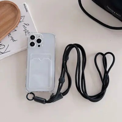 iPhone 15 için uygun, Apple iPhone 14 cep telefonu kılıfı ile uyumlu, şeffaf siyah kartlık, çapraz askılı kordon. - 7