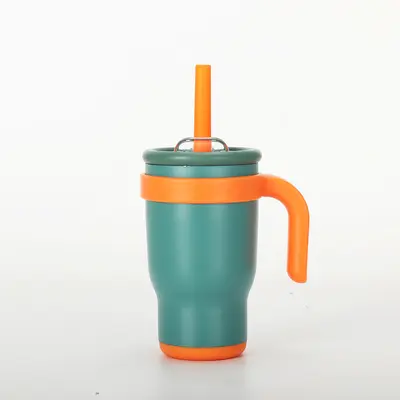 Okula dönüş sezonu kontrast renk 14oz saman araba bardağı çocuk öğrenci termos bardak paslanmaz çelik su bardağı kolu araba bardağı - 8