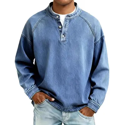 Men's Washed Distressed Vintage Stand-Collar Long-Sleeve Sweatshirt - 9