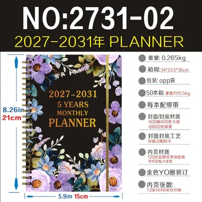 Monatsplaner A5 2027-2031 Englisch, Spiralnotizbuch mit Gummiband - 8