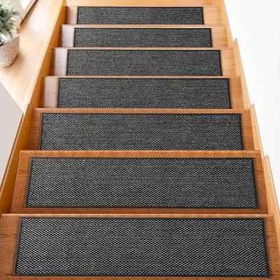 Self-Adhesive Stair Tread Mats, Non-Slip, Imitation Linen, Solid Wood Step Protector - 10