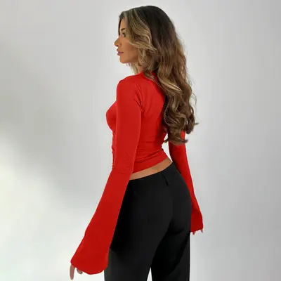 Women's Blouse, Lace Insert, Low Neckline, Flared Sleeves, Solid Color
