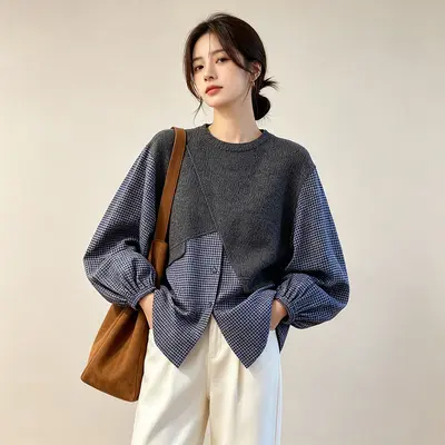 Korean-Style Retro Knit Plaid Faux Two-Piece Shirt, Plus Size
