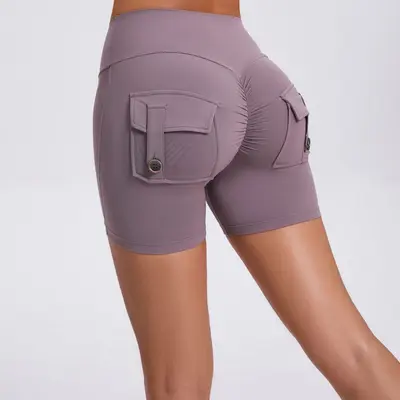 Kadın Yüksek Bel Kargo Tayt Şort, Düğmeli Kaldırıcı Hızlı Kuruyan Fitness Pantolonu - 11