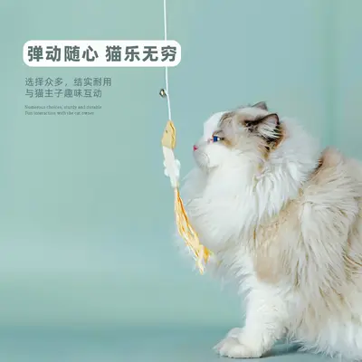 Long Cat Teaser Wand with Feathers, Bell and Bite-Resistant Solid Wood Handle - 4