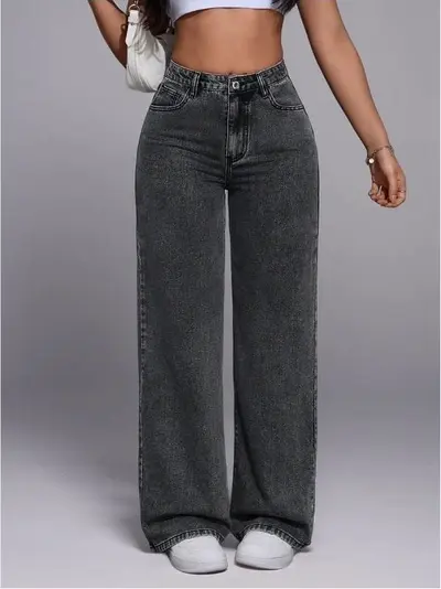 Damen-Jeans, hoher Bund, weites Bein, schwarz, gerade geschnitten - 11