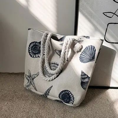 Yaratıcı baskılı büyük omuz çantası yeni rahat moda tuval kadın çantası Kore tarzı tek omuz çapraz kalın halat plaj çantası - 7
