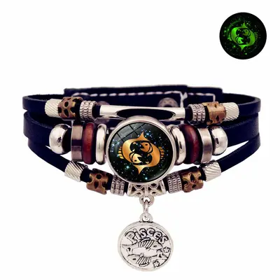 Luminous 12 Zodiac Leather Bracelet, Handmade Multi-Layer Beaded Couple Gift