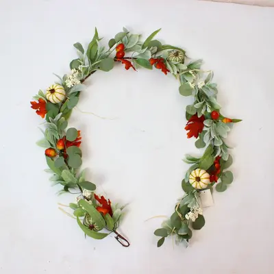 Autumn Thanksgiving Wreath with Pumpkin, Eucalyptus and Acorn Leaves, Rattan Decoration - 10