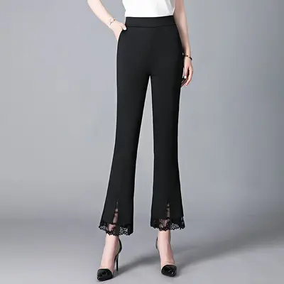 Damen-High-Waist-Hose mit weitem Bein, Weiß, elastisch - 9