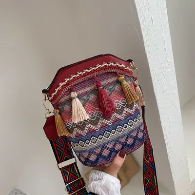 Ethnic Style Tassel Woven Bucket Bag, Women's Single Shoulder Bag - 7