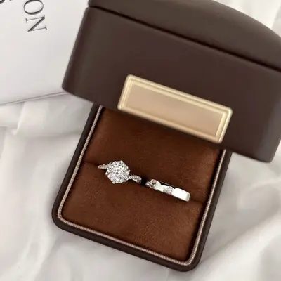 Wedding simulated diamond ring pair, moissanite, adjustable - 7