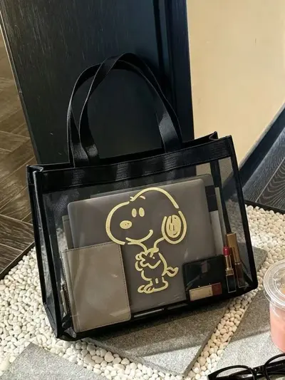 Snoopy Ağ Kumaş Taşınabilir Büyük Kapasiteli Şeffaf Ağ Basit Tasarım Günlük Çıkışlar Alışveriş Eşyaları İçin
