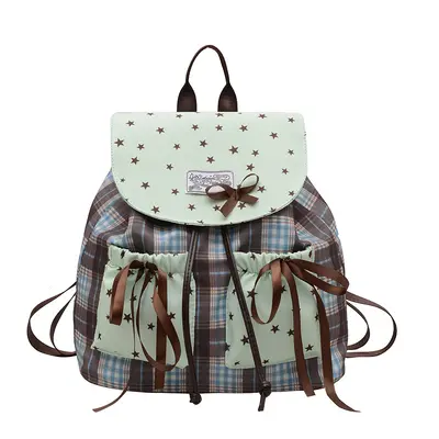Kids Backpack Bow Design Mint Green Plaid Primary School Bag - 5