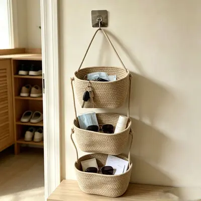 Three-Tier Wall-Mounted Storage Basket with Cotton Rope