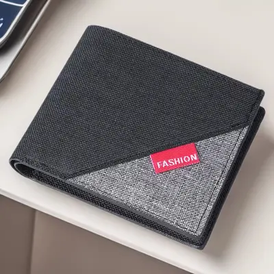 Men's Minimalist Short Wallet with Canvas Panels and Card Holder - 1