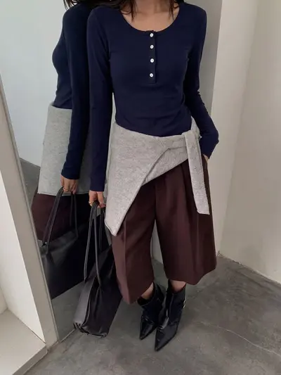 Kadın uzun kollu Henley yaka t-shirt, Kore tarzı, omuz dikişli