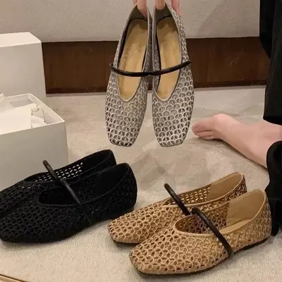 Retro Woven Roman Square Toe Women's Flat Shoes, Single Strap, Cut-Out Design