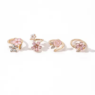 Pink flower ring set, sweet style, cubic zirconia stones