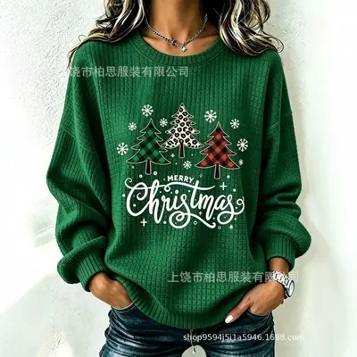 Women's retro Christmas print sweatshirt with round neck, autumn and winter