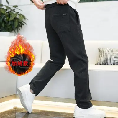 Winter Wool Blend Fleece-Lined Men's Trousers, Loose Straight Leg - 10