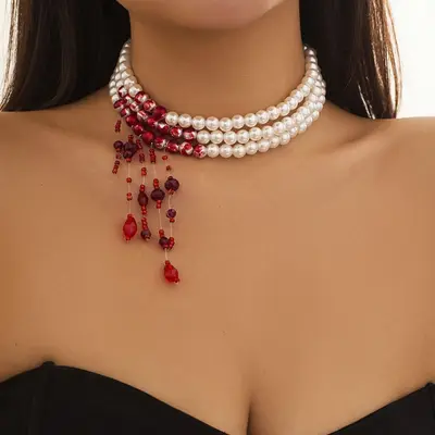 Pearl necklace with dripping blood design, choker chain