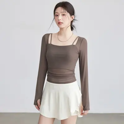 清仓瑜伽服女新款网纱运动上衣性感显瘦带胸垫健身训练服套装批发 - 12